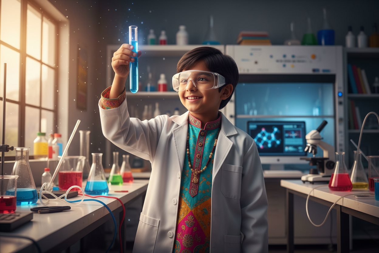 An Indian kid holding test tube in one hand and wearing lab safety glad, labcoat over colourfull clothes . Looking at the tube with excitement. 